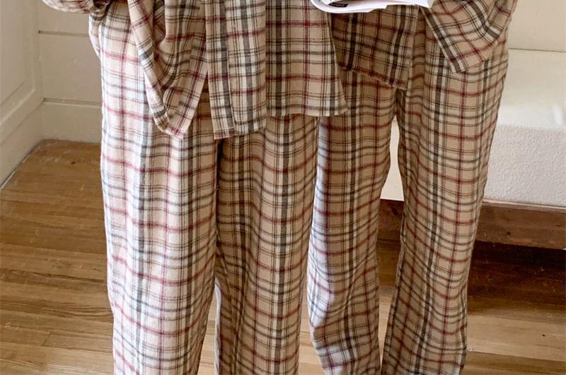 Couple Matching Pajama Set: Long-Sleeve Plaid Button-Up Top + Pants (Various Designs) Product Image