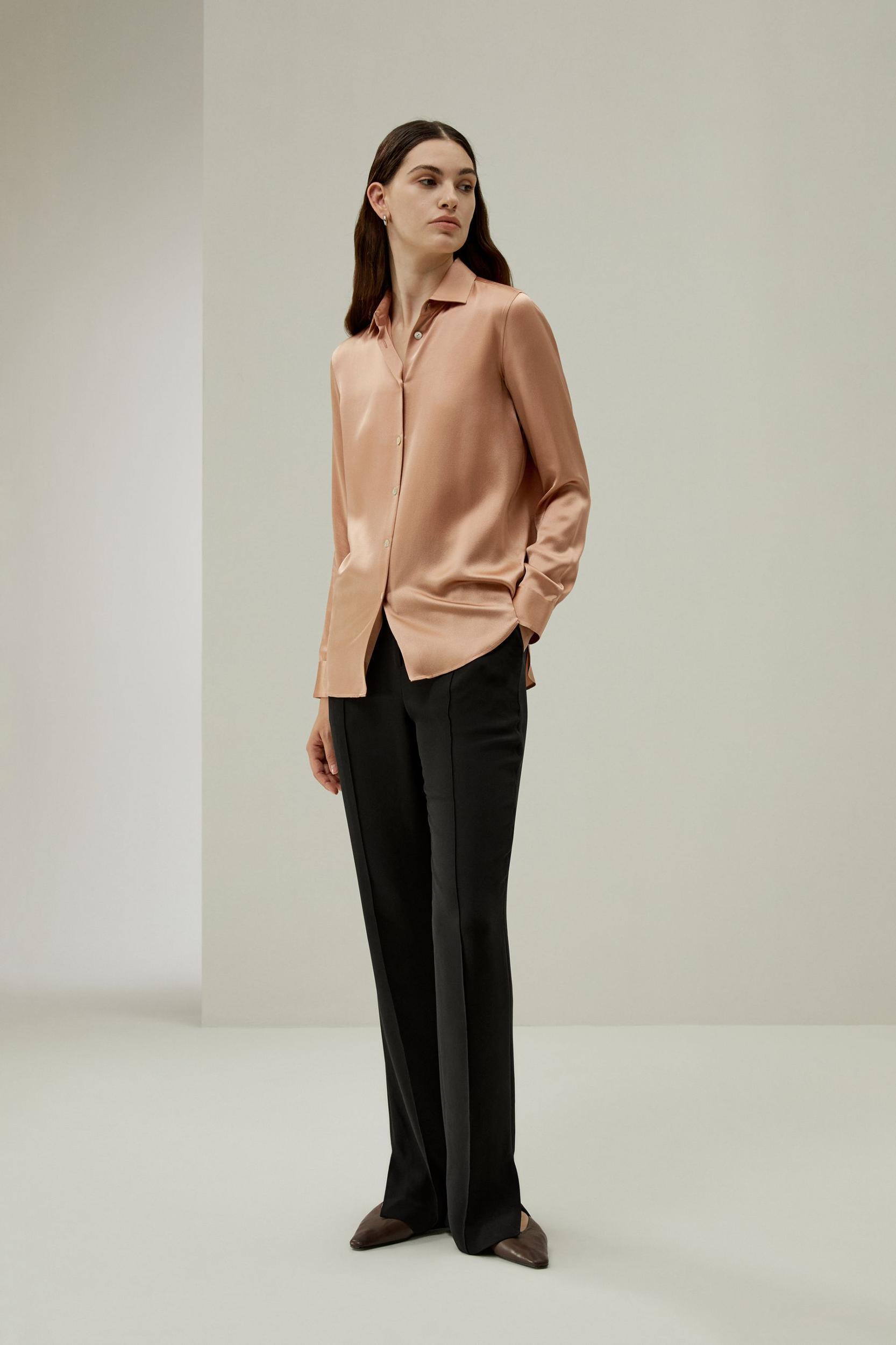 Minimalist Placket Silk Blouse with Shell Buttons Product Image