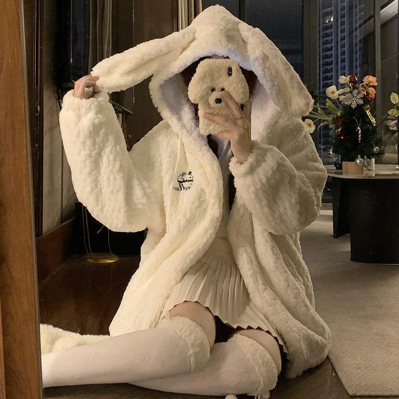 Rabbit Ear Accent Drawstring Hooded Fleece Zip Jacket Product Image
