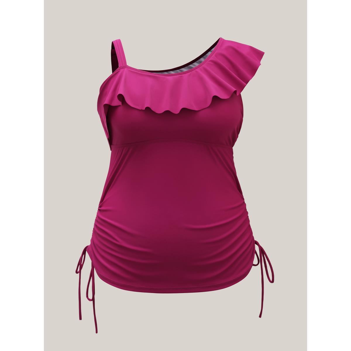 Plus Size One-Shoulder Drawstring Swim Top Women's Swimwear RedViolet Beach Drawstring High stretch Skinny Asymmetrical Neck Curve Swim Tops BloomChic 14-16/1X Product Image
