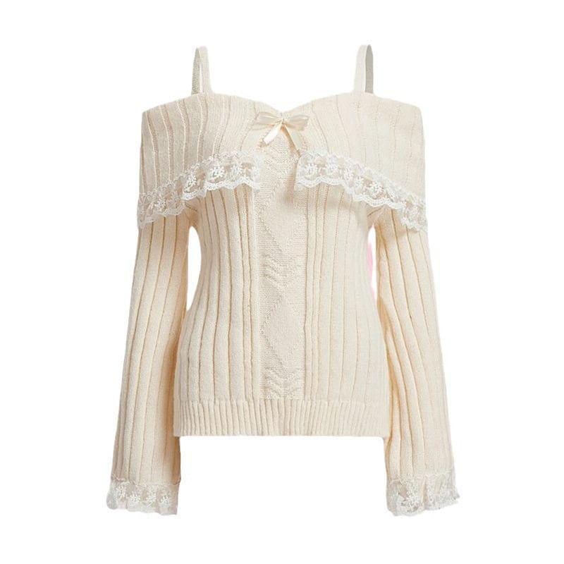 Long Sleeve Cold-Shoulder Lace-Trim Bow Accent Plain Ribbed-Knit Loose-Fit Sweater Product Image