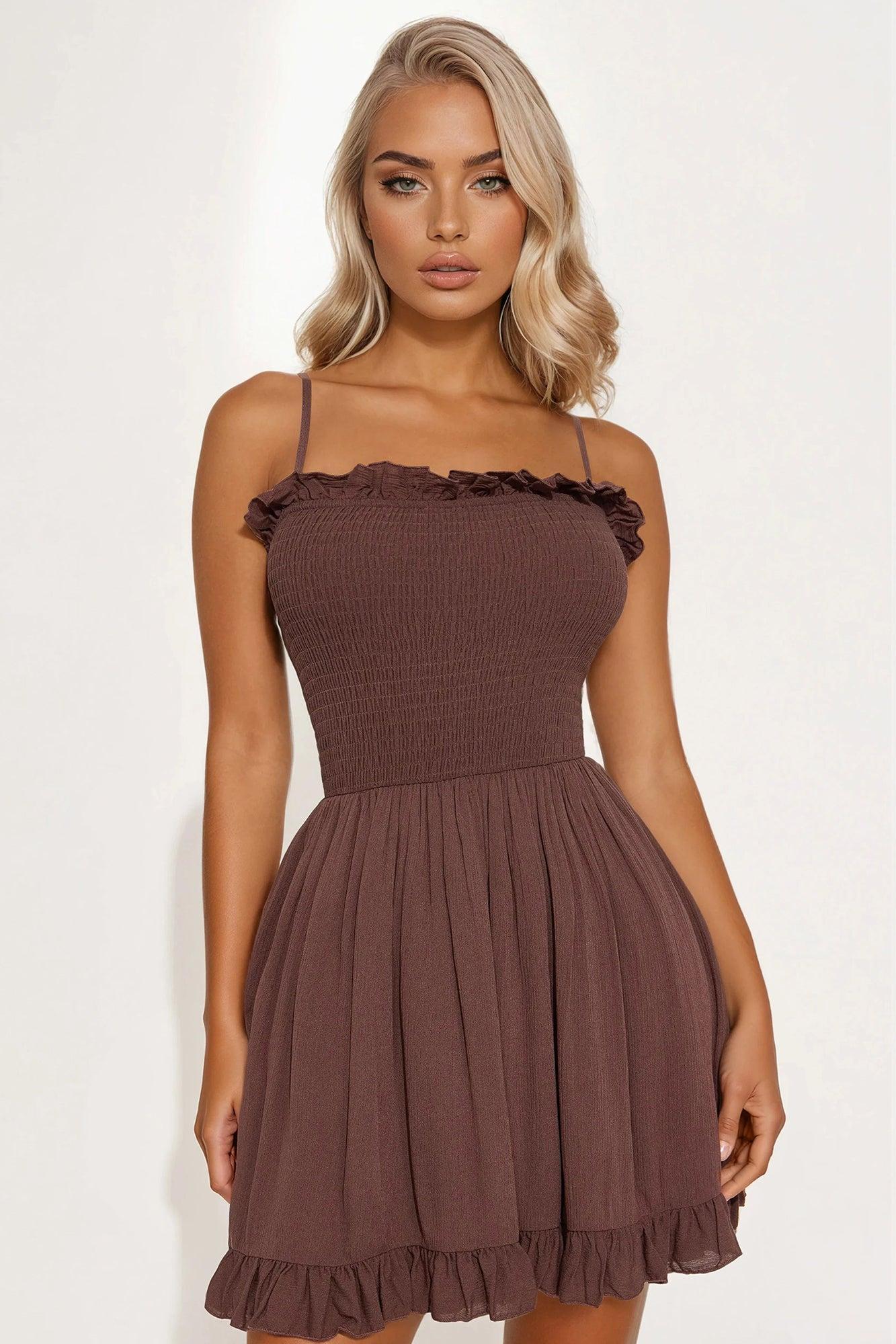 Leah Smocked Mini Dress - Brown Product Image