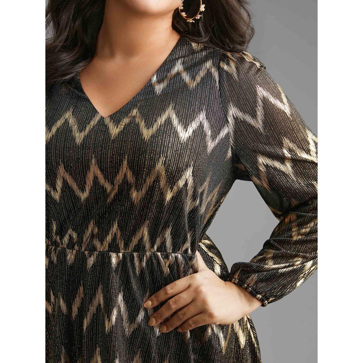 Plus Size Black Gold Shimmer Elastic Waist V-neck Blouse Women Cocktail Long Sleeve V-neck Party Blouses BloomChic 28/5X Product Image