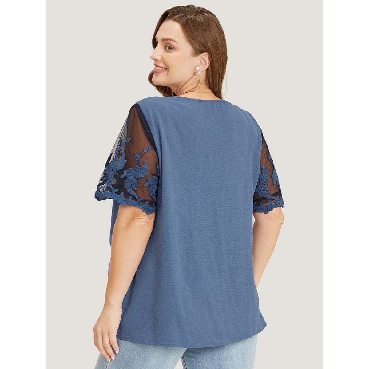 Plus Size Stone Plain Lace Mesh Sleeve Button Detail Blouse Women Elegant Short sleeve V-neck Dailywear Blouses BloomChic 22-24/3X Product Image