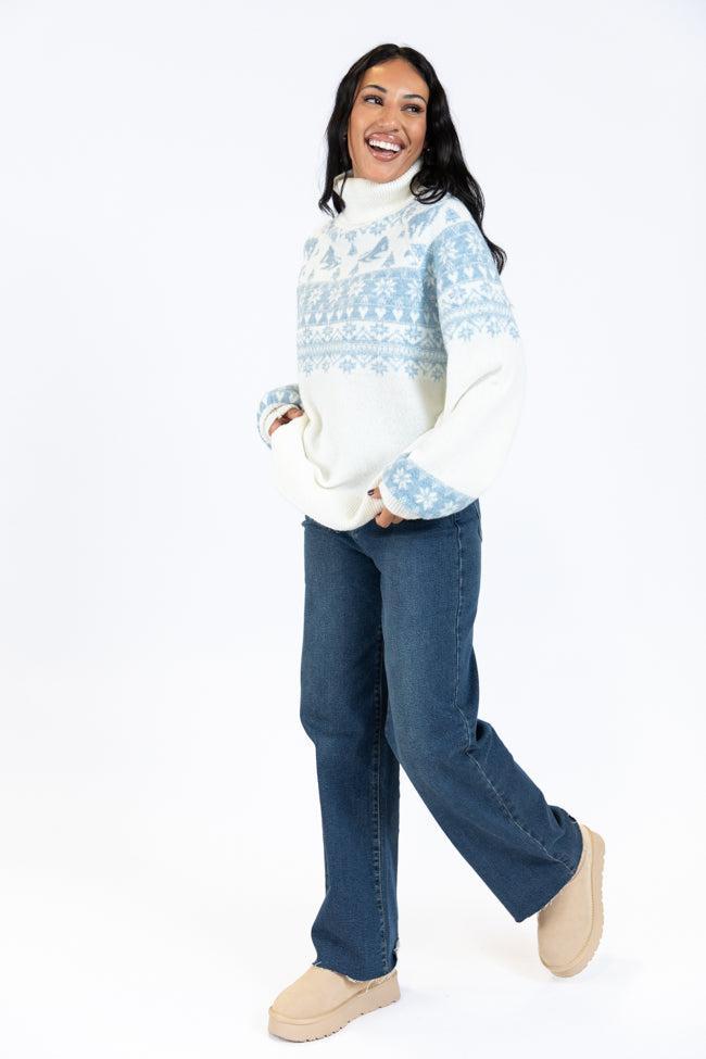 For The Best Ivory and Blue Ski Print Fair Isle Turtleneck Sweater FINAL SALE Product Image