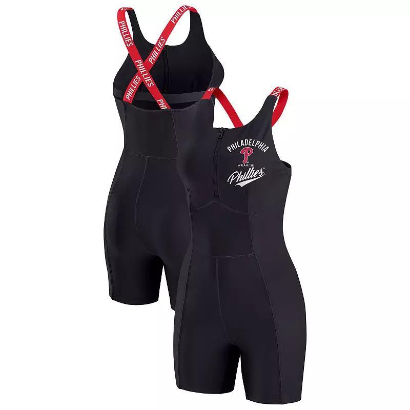 Women's WEAR by Erin Andrews  Black Los Angeles Dodgers Bodycon Quarter-Zip Romper, Size: XS Product Image