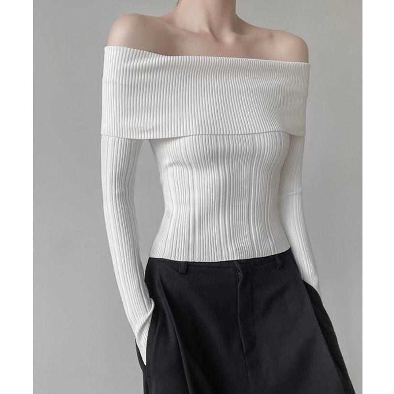 Off-Shoulder Long-Sleeve Plain Ribbed Knit Top Product Image