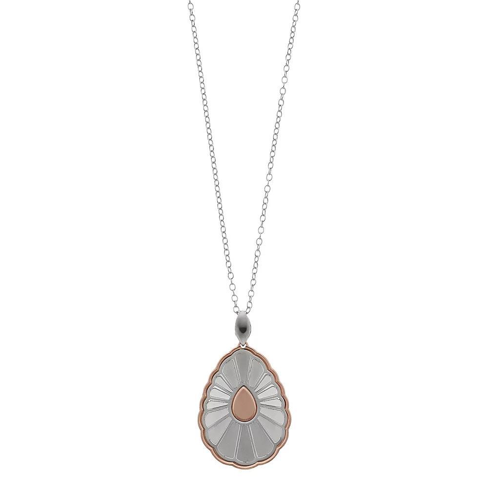 Two Tone Sterling Silver Scalloped Teardrop Pendant Necklace, Women's Product Image