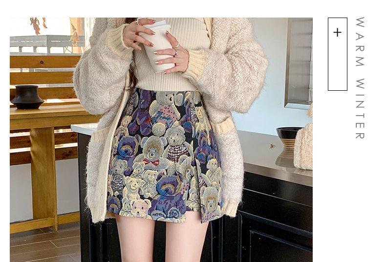 High Waist Bear Print Mini A-Line Skirt Product Image