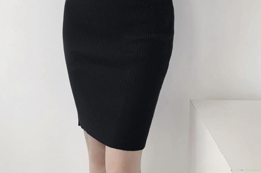 Off-Shoulder Long-Sleeve Plain Mini Knit Dress Product Image