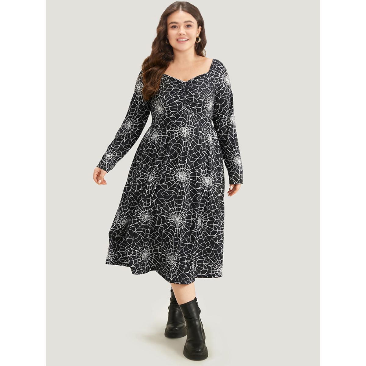 Plus Size Halloween Spider Web Pocket Square Neck Dress Black Women Casual Gathered Square Neck Long Sleeve Curvy Midi Dress BloomChic 18-20/2X Product Image