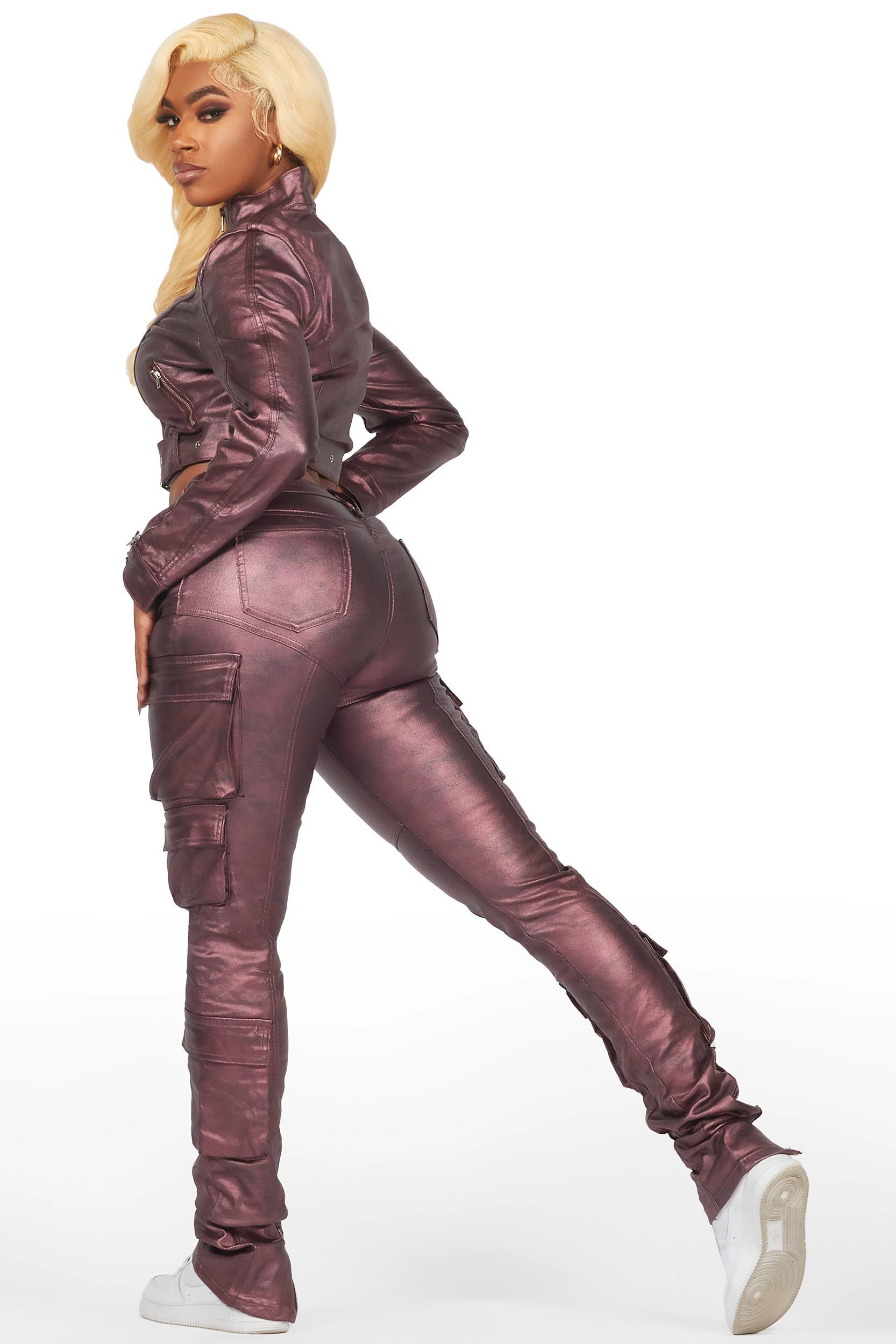 Teeoina Pink Coated Black Skinny Stacked PU Pant Female Product Image