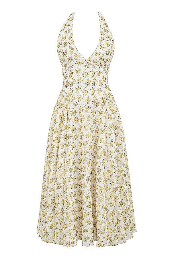 Solada  ivory vintage floral print georgette halter sundress Product Image