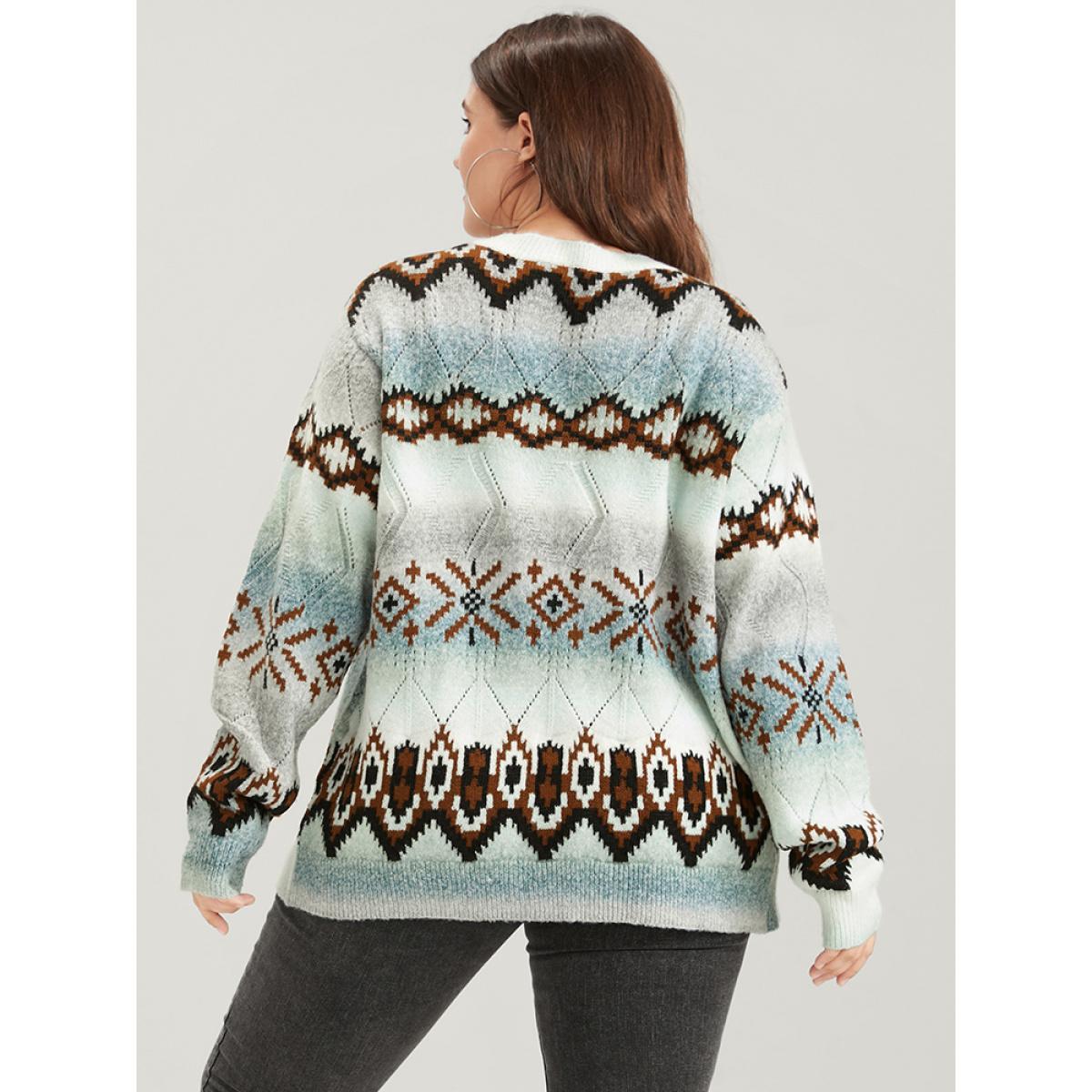 Plus Size Geometric Print Super Soft Plush Knit Button Front Cardigan Multicolor Women Casual Loose Long Sleeve Dailywear Cardigans BloomChic 18-20/2X Product Image