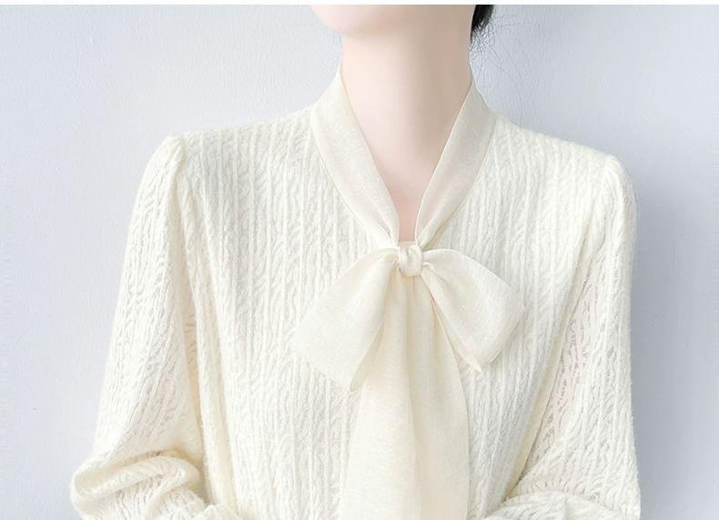 Long-Sleeve Tie-Neck Plain Blouse Product Image