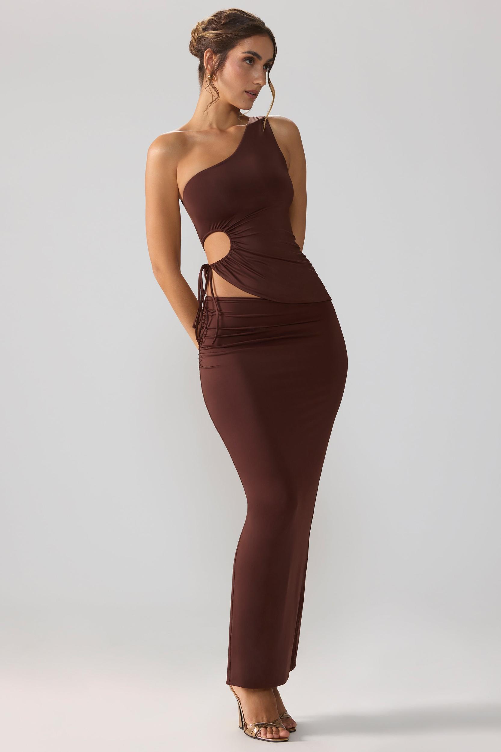 Slinky Jersey Asymmetric Waist Maxi Skirt in Espresso Product Image
