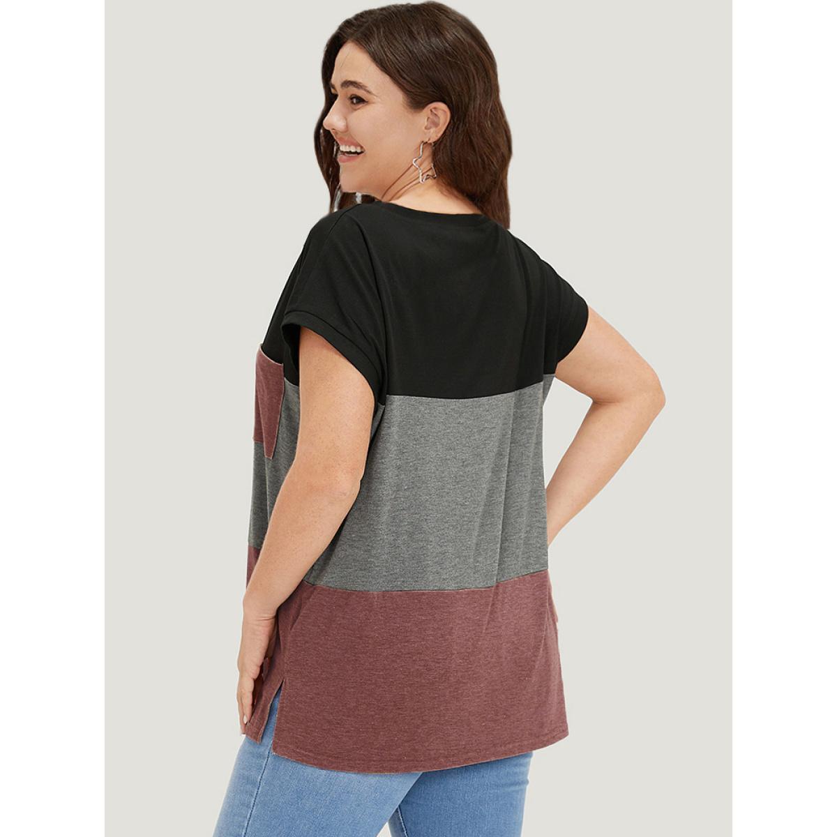 Plus Size Colorblock Contrast Patched Pocket Batwing Sleeve T-shirt Russet Women Casual Contrast Colorblock Round Neck Dailywear T-shirts BloomChic 28/5X Product Image