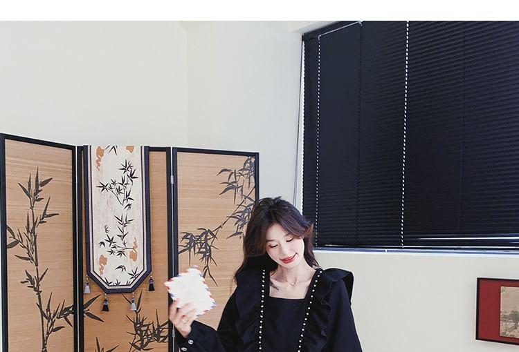 Long-Sleeve Square Neck Mock Two-Piece Print Ruffle Trim Midi A-Line Dress Product Image