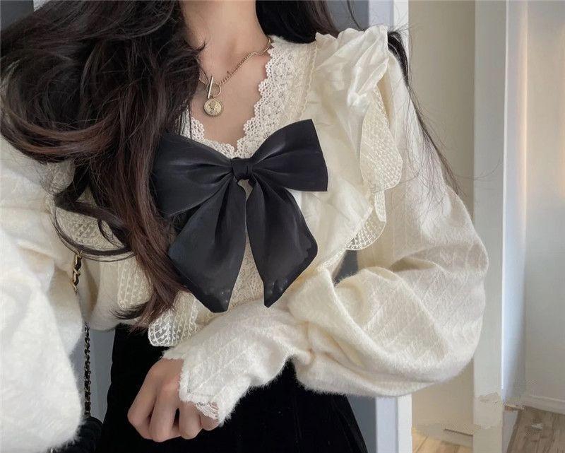 Long-Sleeve Ruffled Bow Blouse / Pleated Mini A-Line Skirt Product Image