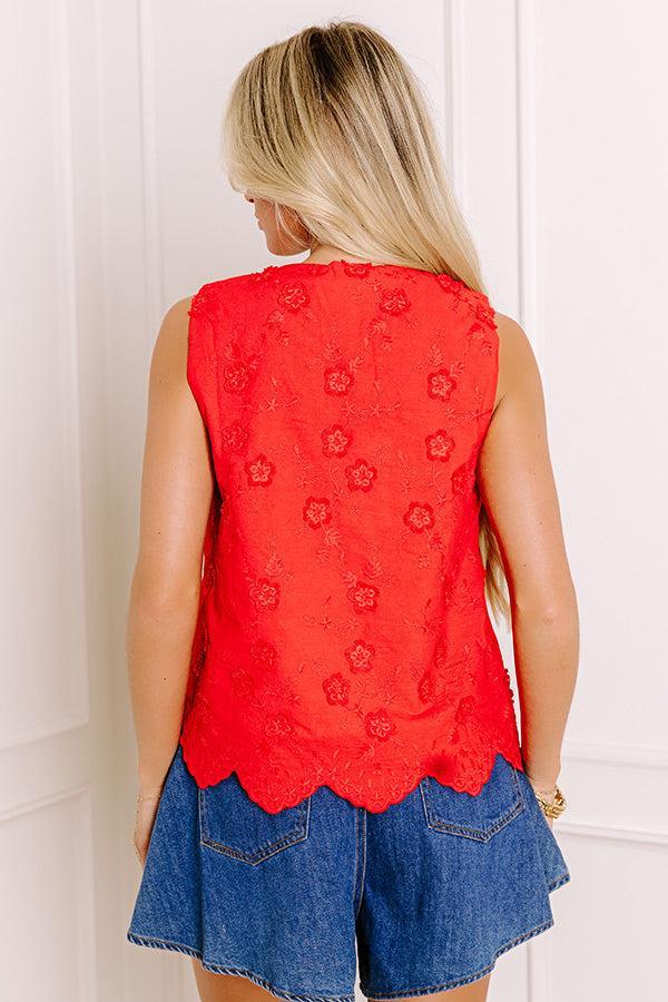 Rodeo Drive Chic Embroidered Front Tie Top in Red Product Image