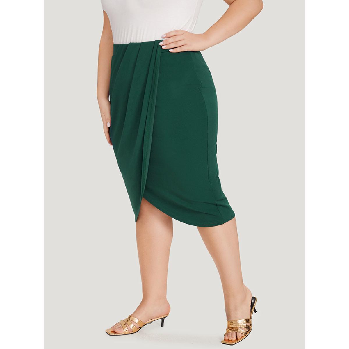 Plus Size Solid Pleated Detail Wrap Hem Skirt Women DarkGreen Office Plain Bodycon No stretch Work Skirts BloomChic 12/L Product Image