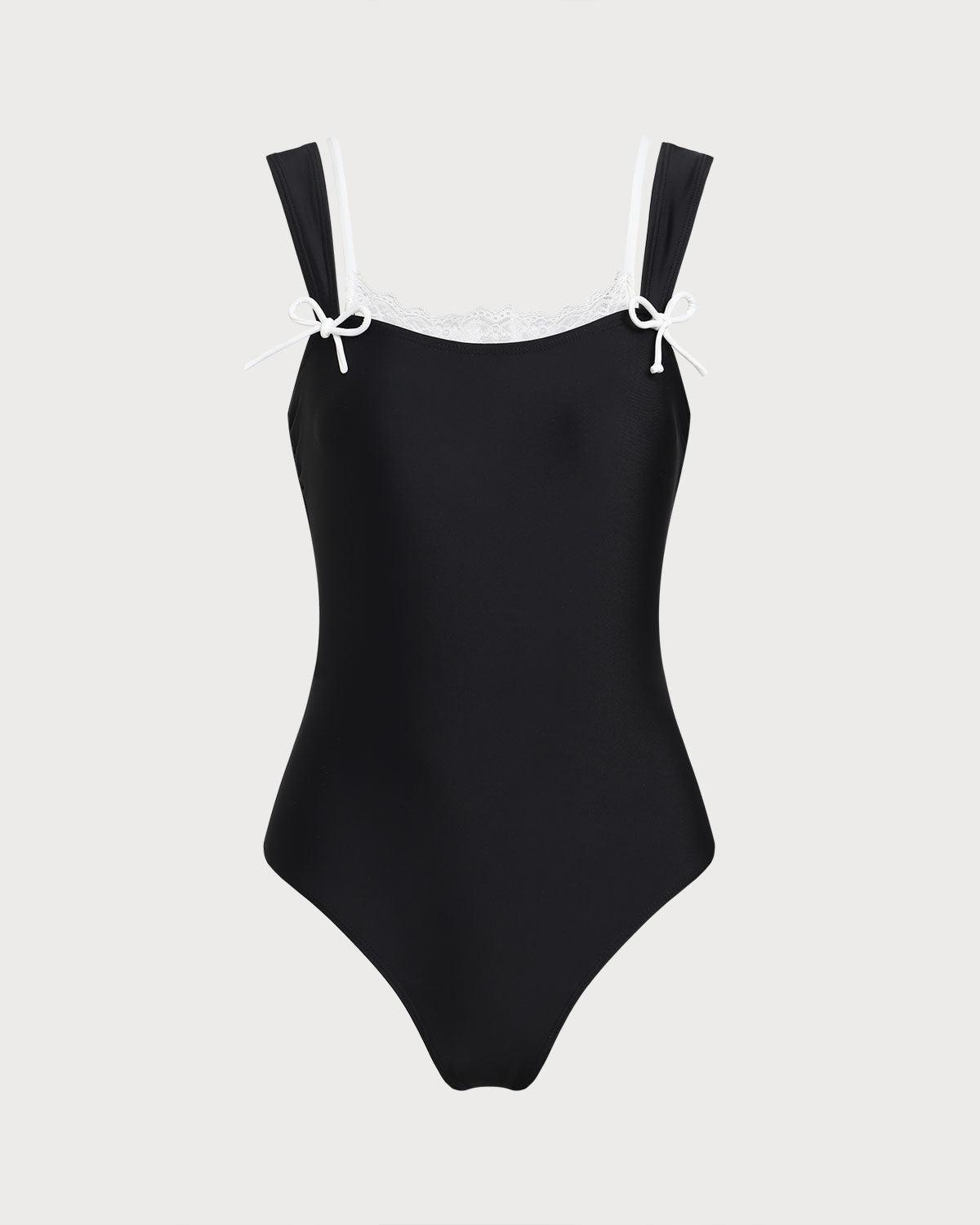 Black Contrast Lace One-Piece Swimsuit Product Image