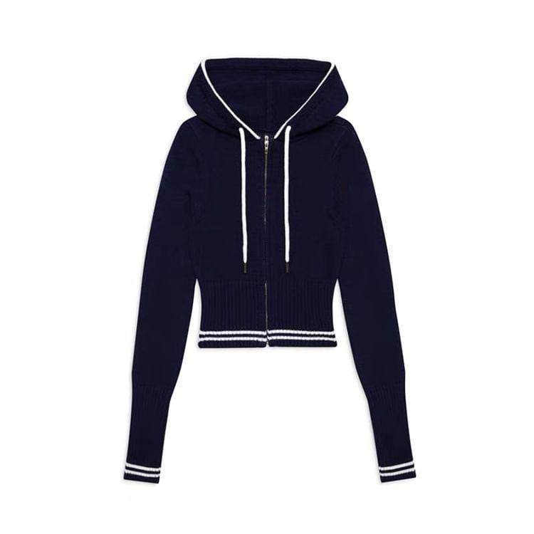 Hooded Contrast Trim Zip Cardigan / Mid Rise Plain Flared Pants Product Image