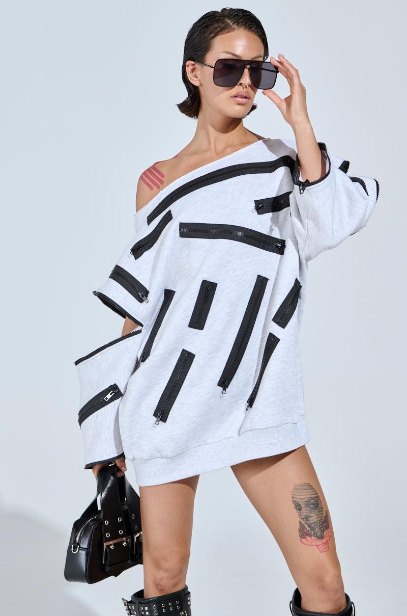 ZIP ZAP OFF THE SHOULDER SWEATSHIRT DRESS-GREY MULTI Product Image