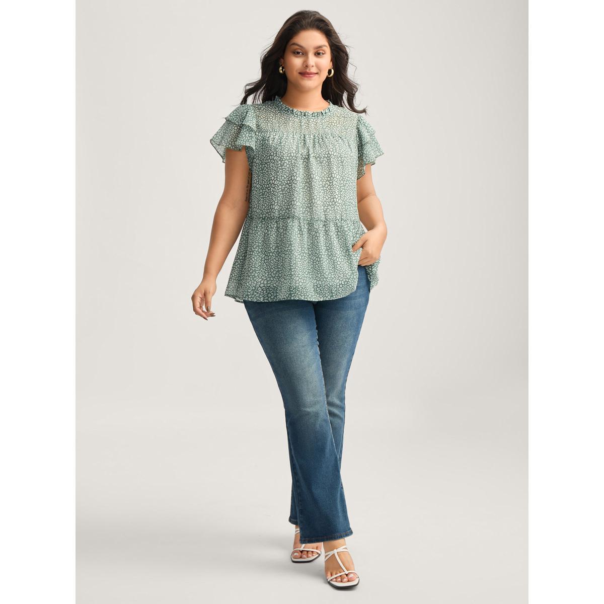 Plus Size Greenbean Leopard Print Stretchy Neck Flowy Blouse Women Cap Sleeve Round Neck Work Blouses BloomChic 12/L Product Image