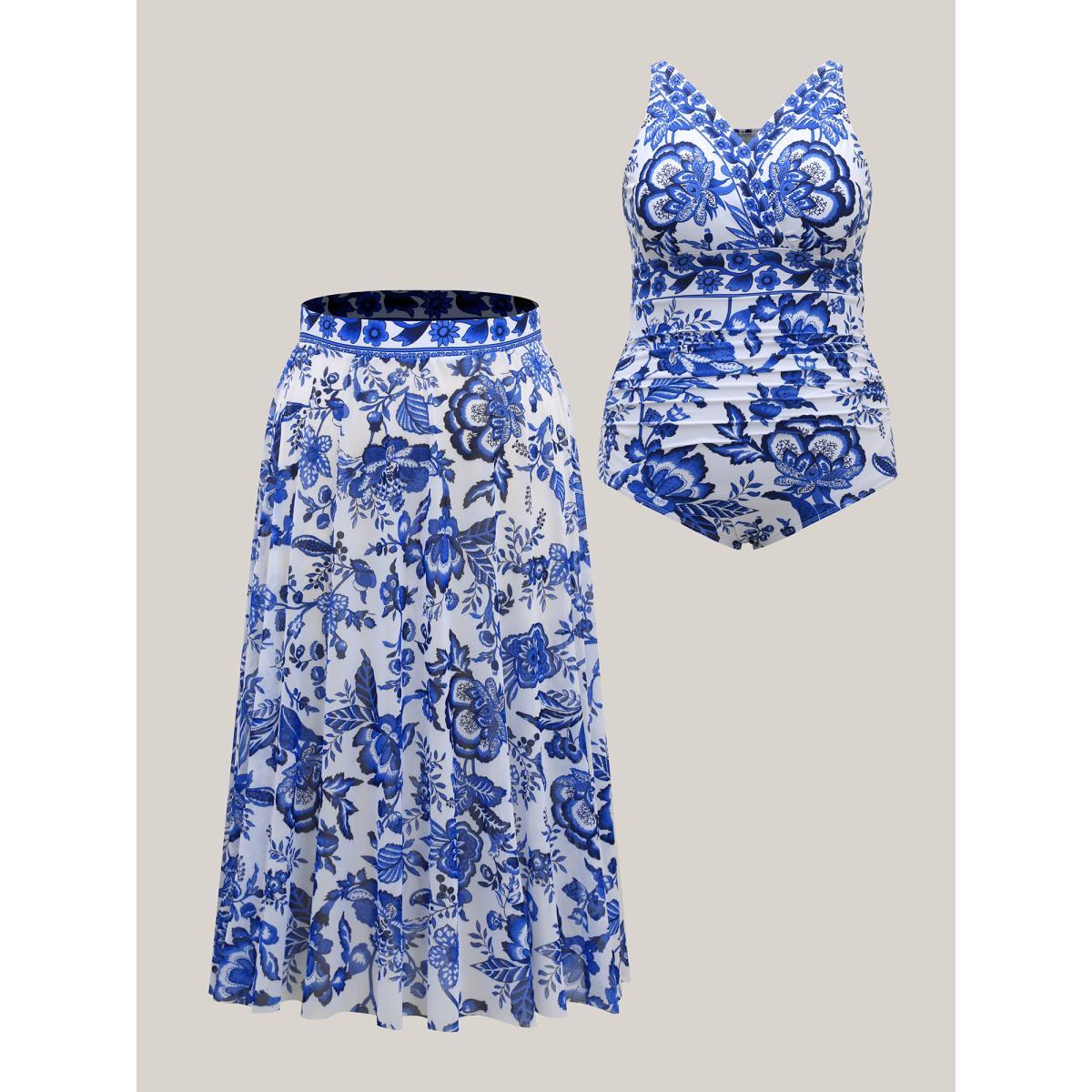 Plus Size Two-Piece Floral Print Ruched Mesh Swimsuit, Sarong Women's Swimwear Indigo Beach Gathered Curve Bathing Suits High stretch One Pieces BloomChic 10/M Product Image