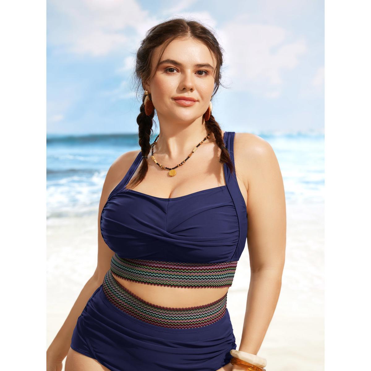 Plus Size Twist Front Patchwork Woven Ribbon Swim Top Women's Swimwear Indigo Beach Woven ribbon&lace trim High stretch Skinny Heart neckline Curve Swim Tops BloomChic 10/M Product Image