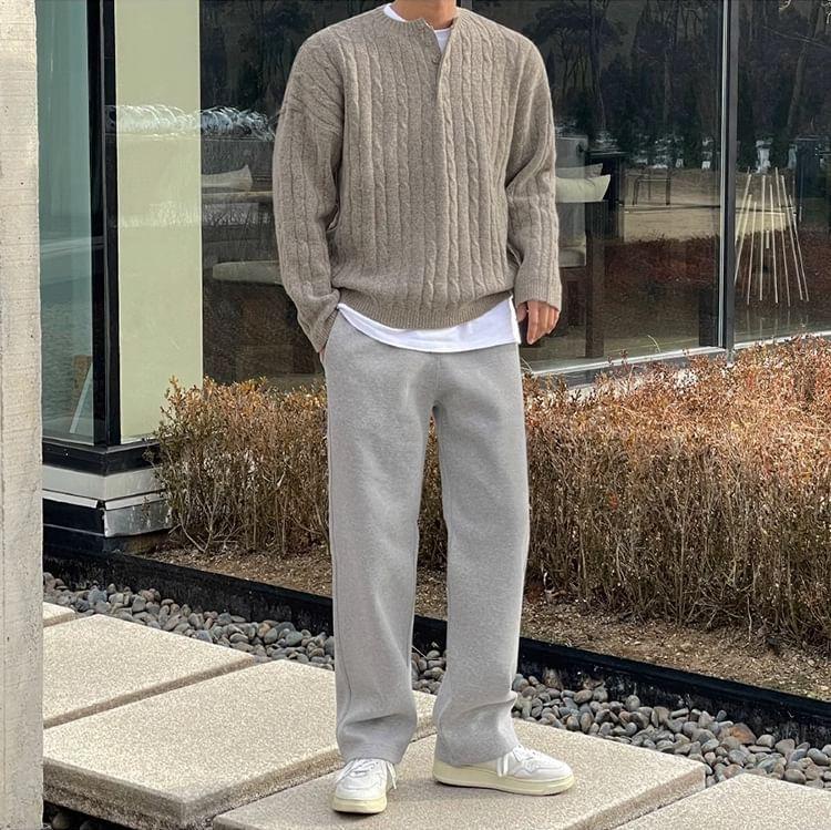Henley Plain Cable-Knit Sweater Product Image