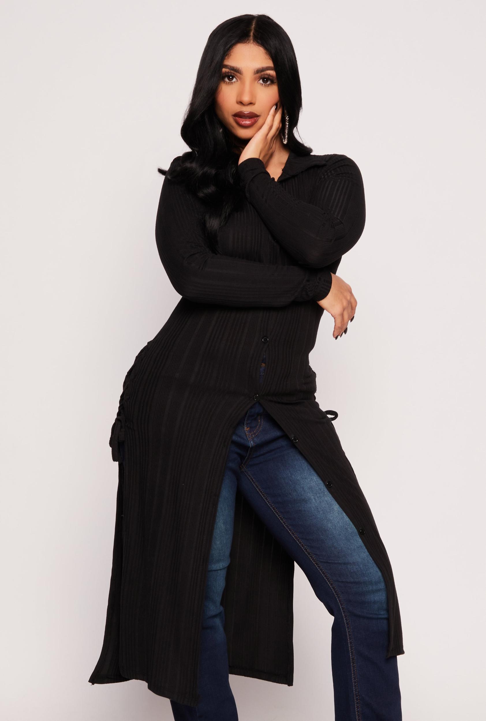 Womens Ribbed Knit Button Front Lace Up Maxi Top Product Image