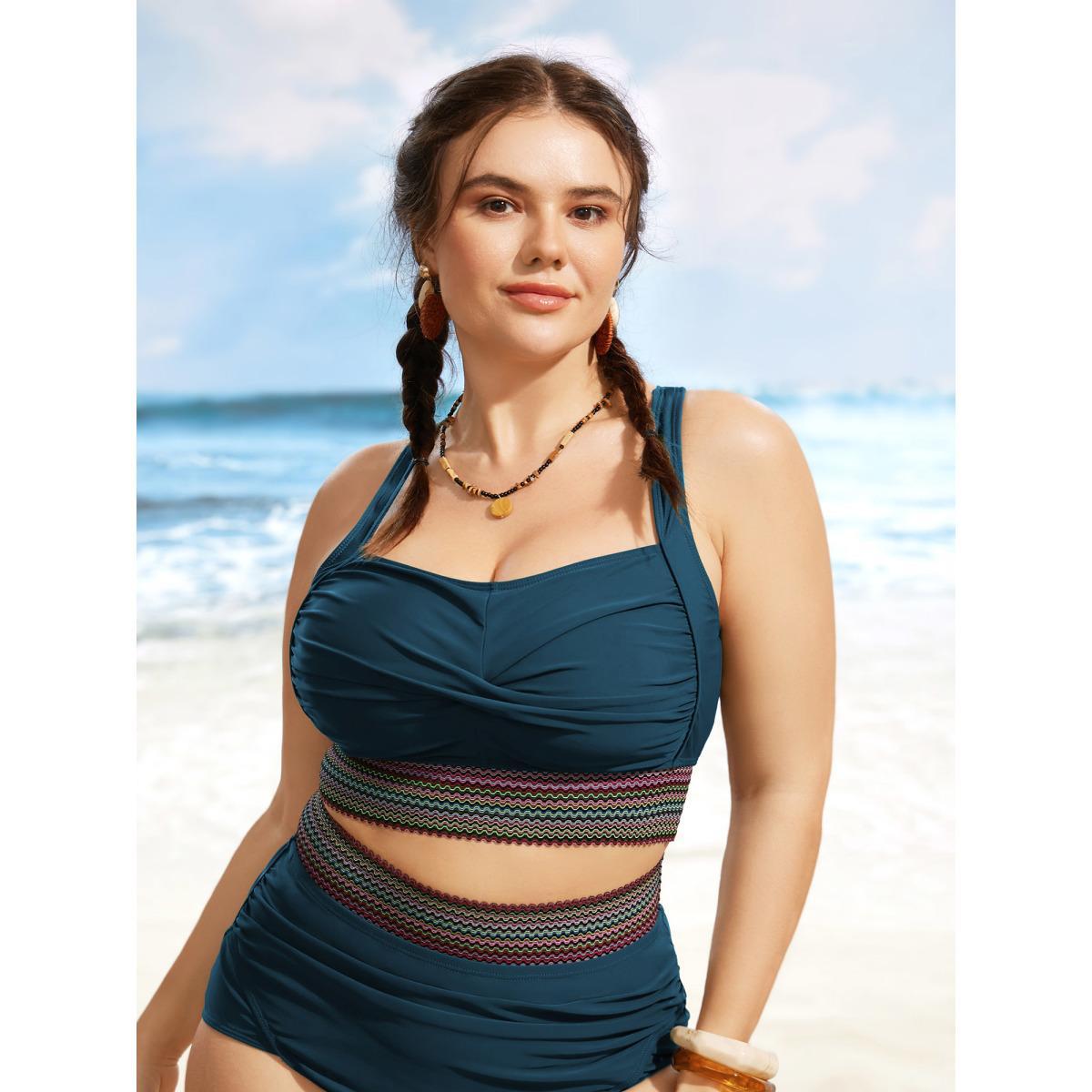 Plus Size Twist Front Patchwork Woven Ribbon Swim Top Women's Swimwear Cyan Beach Woven ribbon&lace trim High stretch Skinny Heart neckline Curve Swim Tops BloomChic 28/5X Product Image