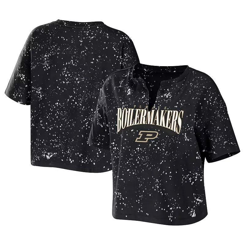 Women's WEAR by Erin Andrews Black Purdue Boilermakers Bleach Wash Splatter Notch Neck T-Shirt, Size: Large Product Image