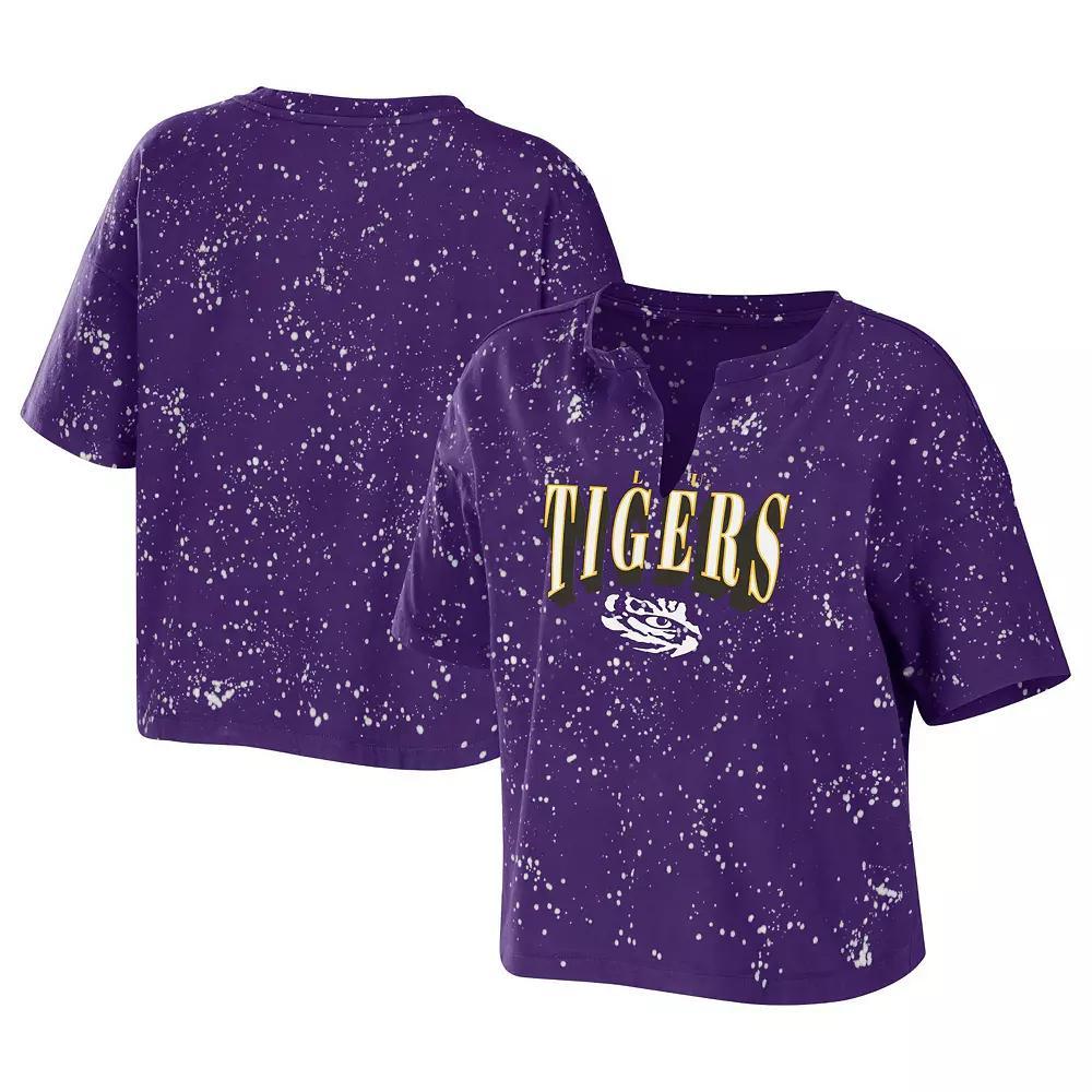 Women's WEAR by Erin Andrews Purple LSU Tigers Bleach Wash Splatter Notch Neck T-Shirt, Size: 2XL Product Image