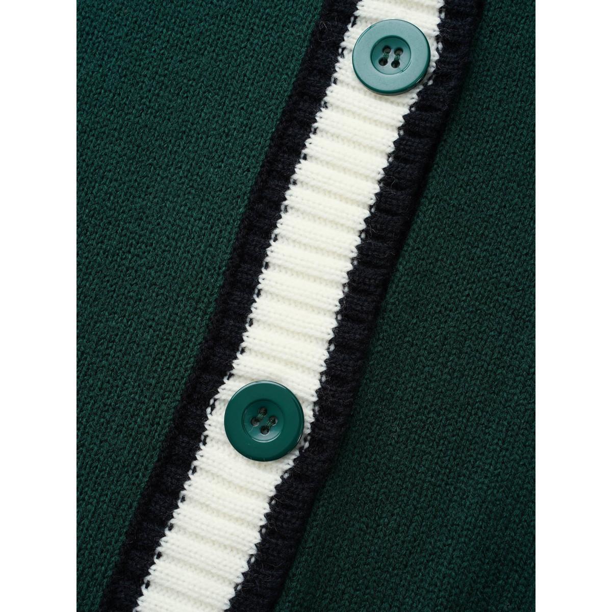 Plus Size Contrast Trim Button Up Pocket Cardigan DarkGreen Women Casual Loose Long Sleeve Everyday Cardigans BloomChic 26/4X Product Image