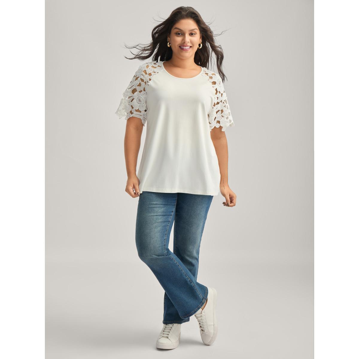 Plus Size Lace Cut-Out Sleeve Solid T-Shirt Originalwhite Women Round Neck Everyday-Casual T-shirts BloomChic 18-20/2X Product Image