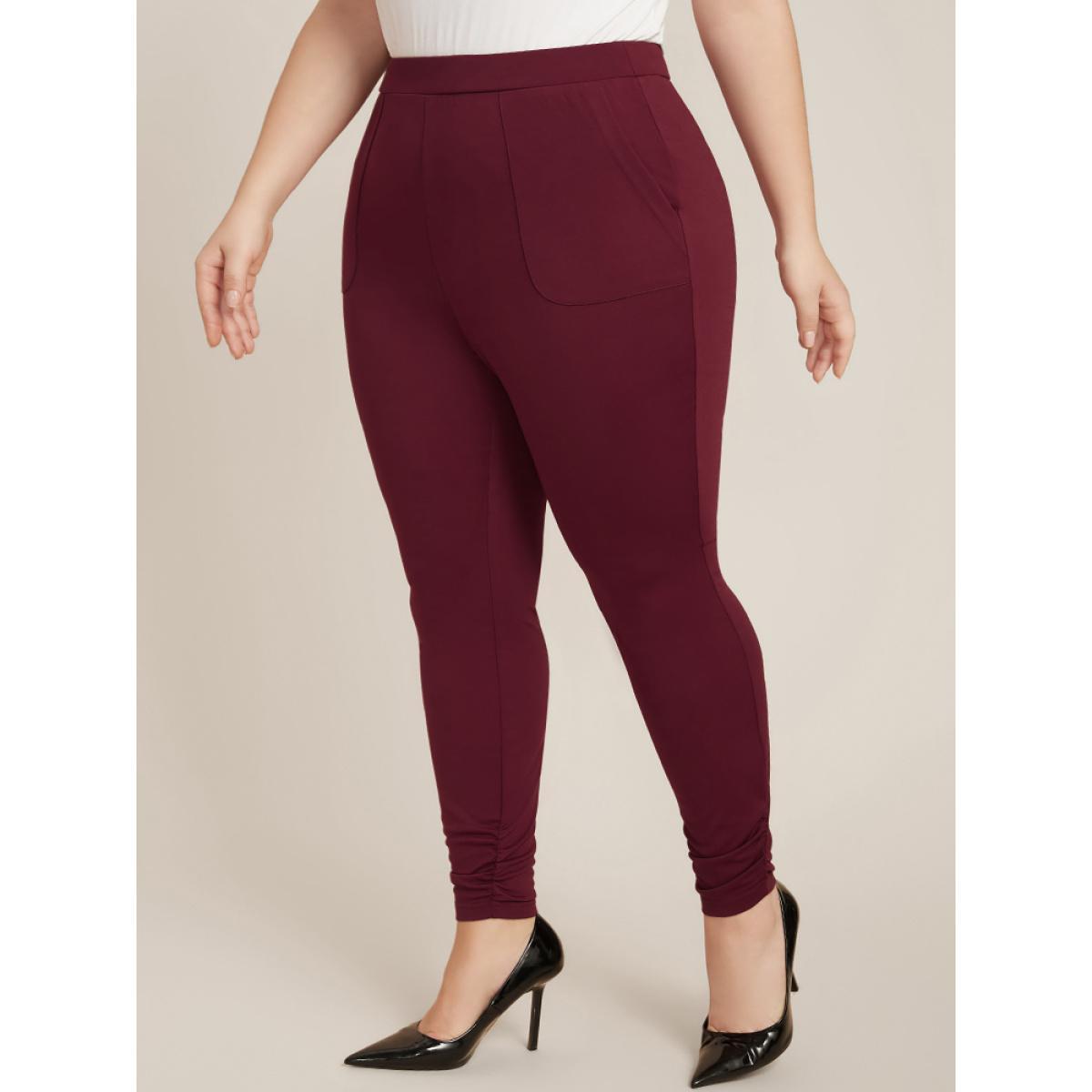Plus Size Plain Pocket Elastic Waist Ruched Hem Skinny Pants Women Scarlet Office Skinny High Rise Work Pants BloomChic 10/M Product Image