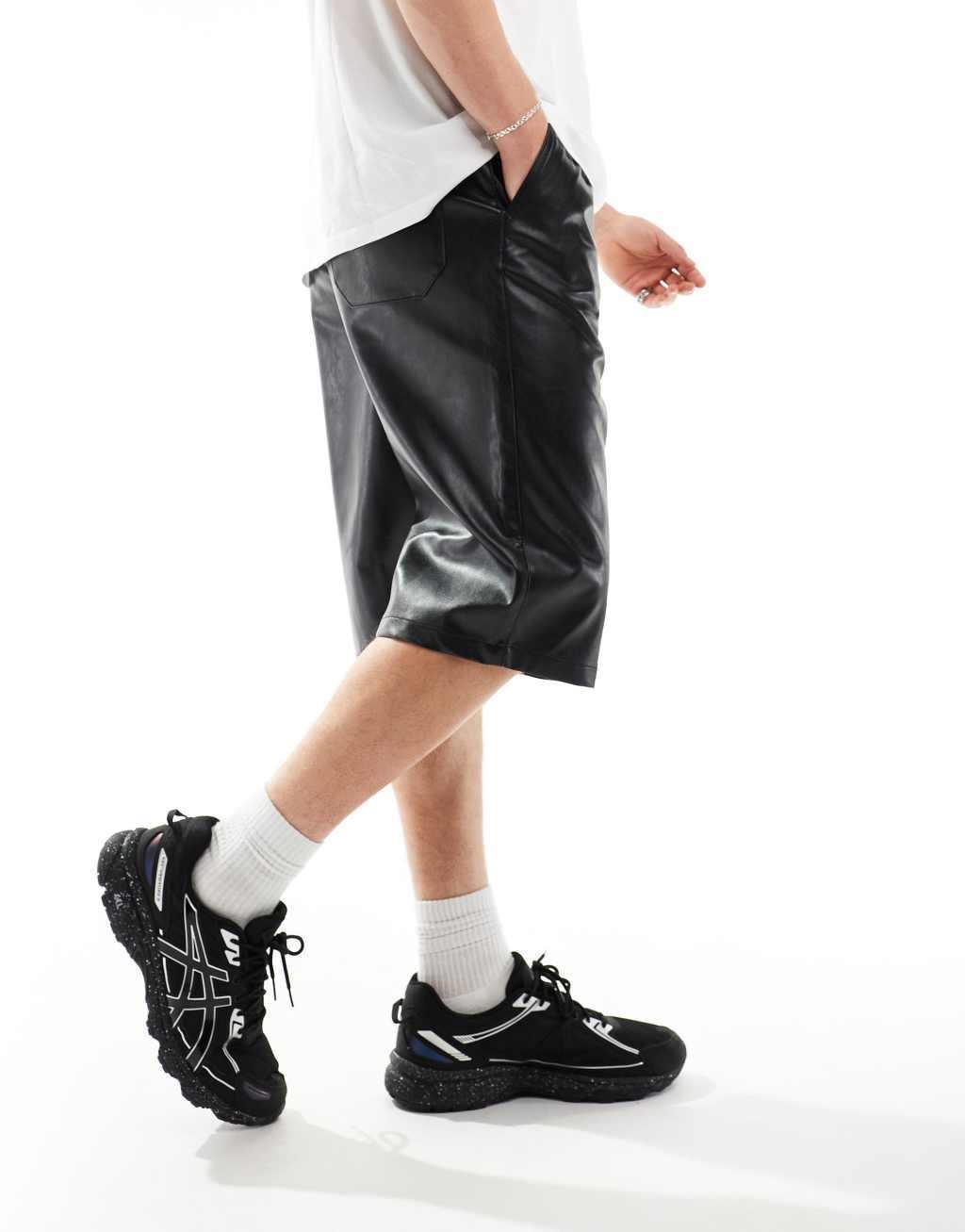 ASOS DESIGN leather look jorts in longer length in black Product Image