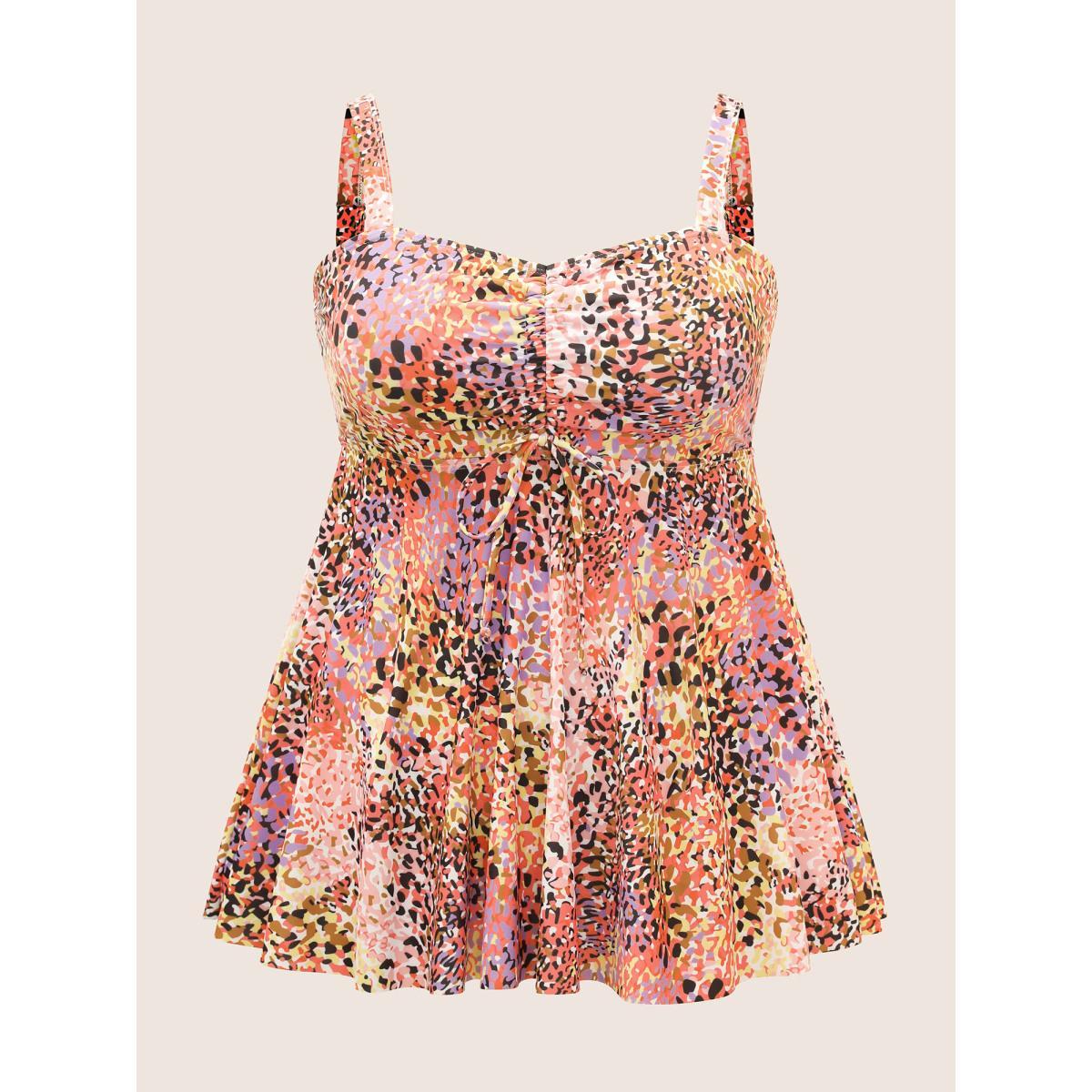 Plus Size Leopard Print Knotted Front Swim Top Women's Swimwear Multicolor Beach Gathered High stretch Skinny Heart neckline Curve Swim Tops BloomChic 18-20/2X Product Image