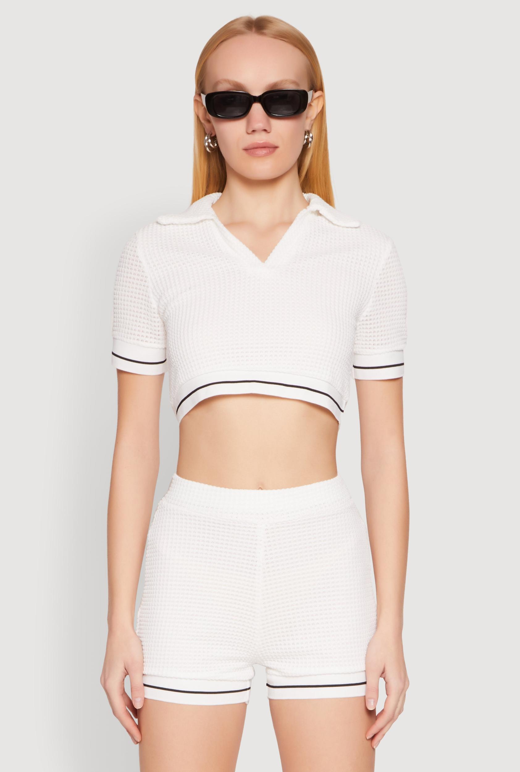 Womens Textured Knit Polo Crop Top Product Image