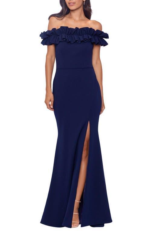 Xscape Petite Size Ruffled Off-the-Shoulder Short Sleeve Crepe Sheath Gown Product Image