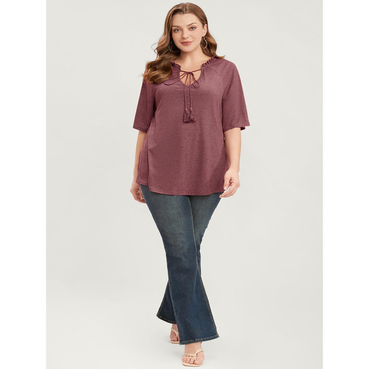 Plus Size Plain Ties Up Frill Trim Raglan Sleeve Tee Scarlet Women Casual Ruffles Plain V-neck Dailywear T-shirts BloomChic 14-16/1X Product Image