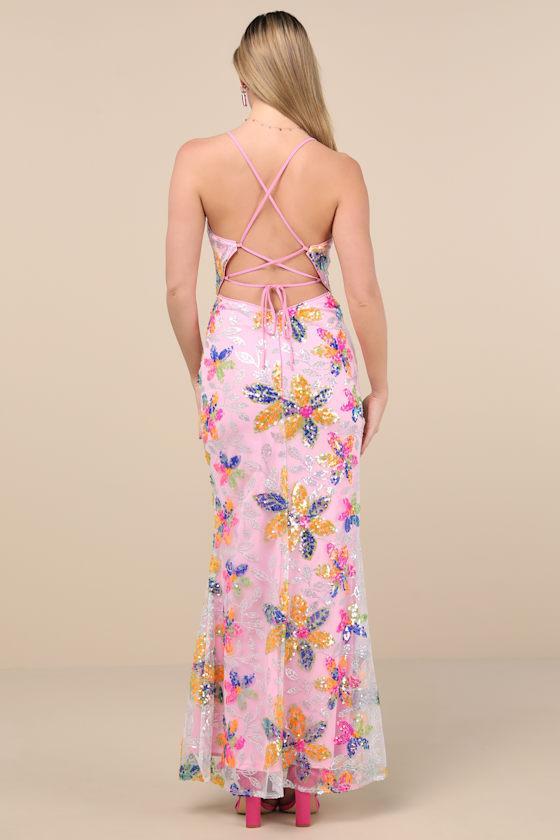 Isleen Light Pink Sequin Lace-Up Mermaid Maxi Dress Product Image