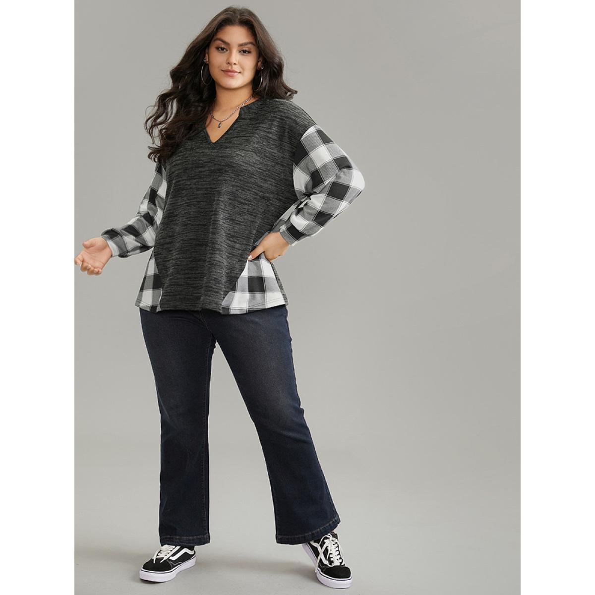 Plus Size Plaid Patchwork Heather Notched Sweatshirt Women Black Casual Contrast Notched collar Dailywear Sweatshirts BloomChic 12/L Product Image