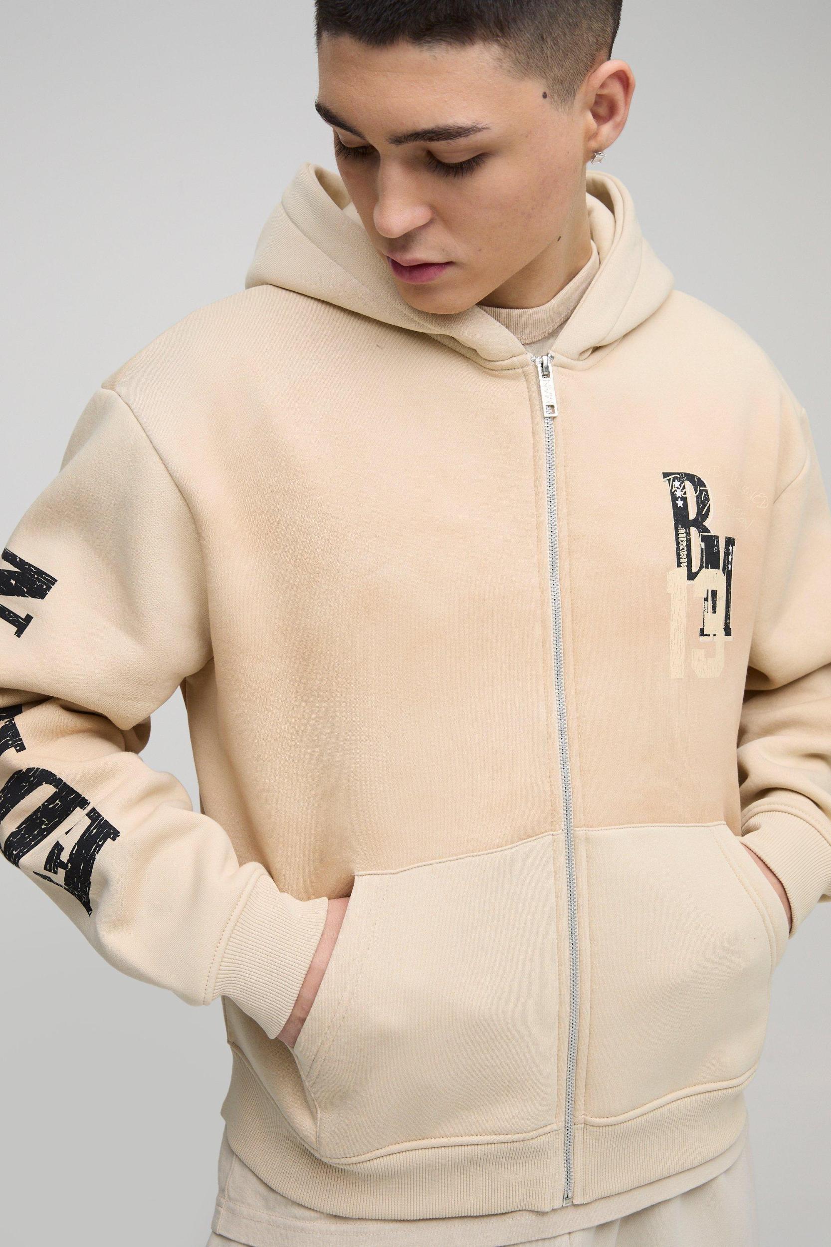 Oversized Boxy Zip Through Spray Wash Official Moto Hoodie | boohooMAN USA Product Image
