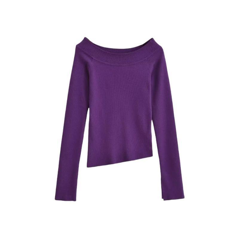 Long Sleeve Boat Neck Plain Asymmetrical Knit Top Product Image