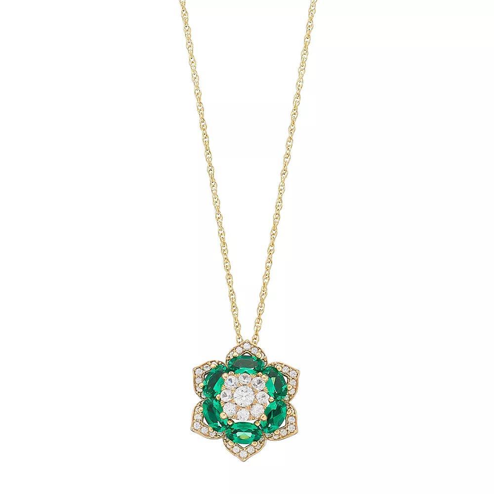 14k Gold Over Silver Lab-Created Emerald Flower Pendant Necklace, Women's, Size: 18", Gold Tone Product Image