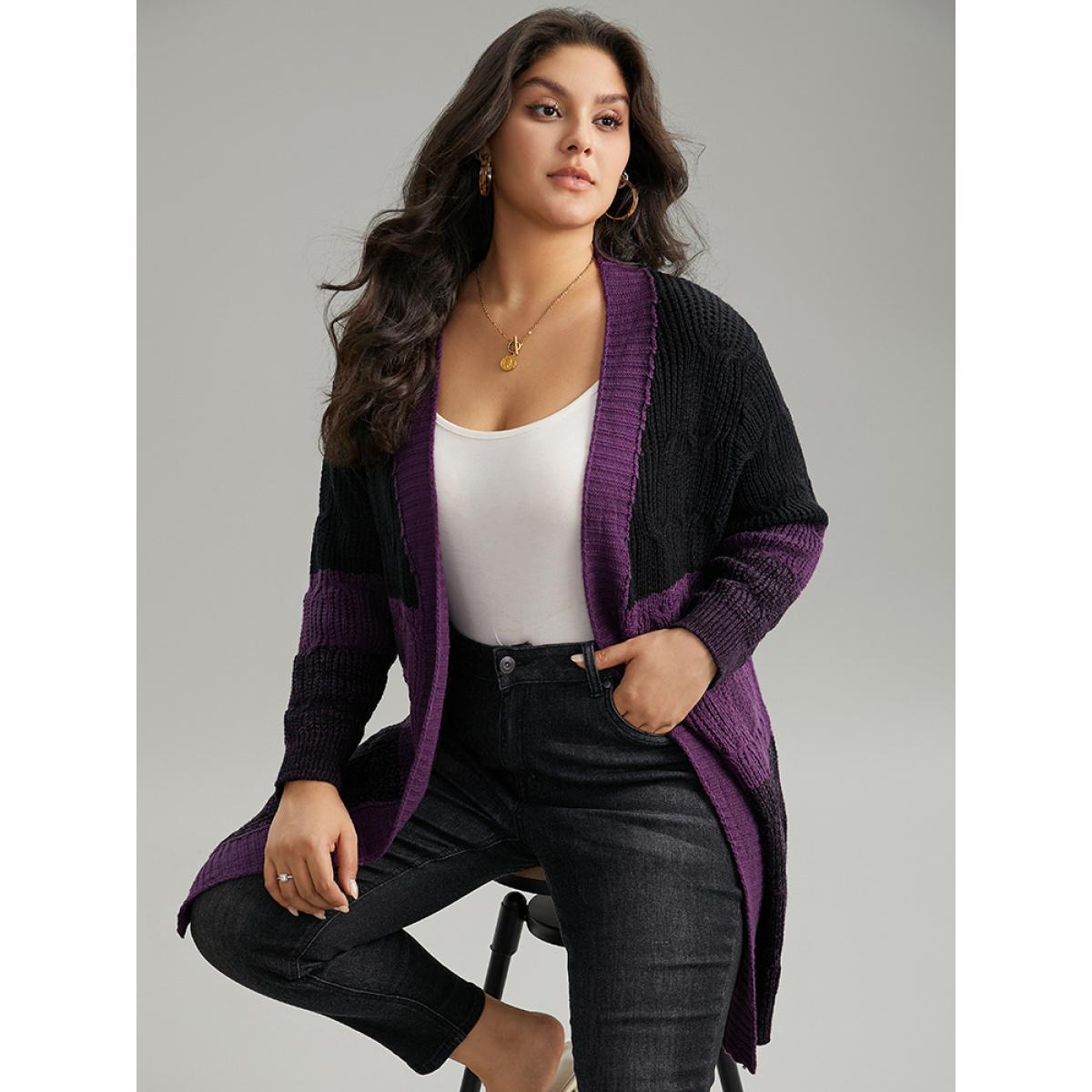 Plus Size Colorblock Heather Open Front Tunic Cardigan Purple Women Casual Loose Long Sleeve Dailywear Cardigans BloomChic 12/L Product Image